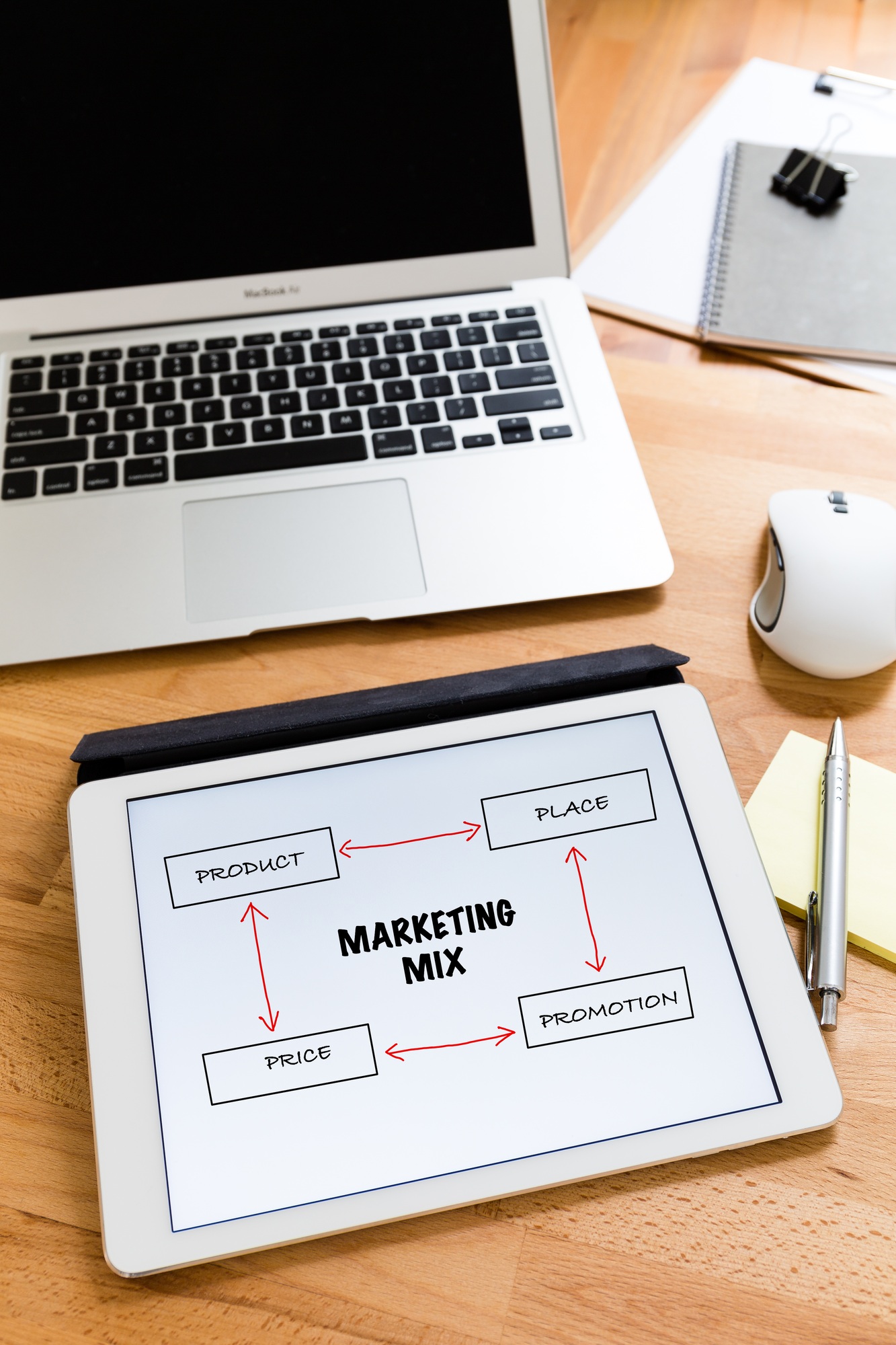 Business working desk with tablet showing marketing mix concept