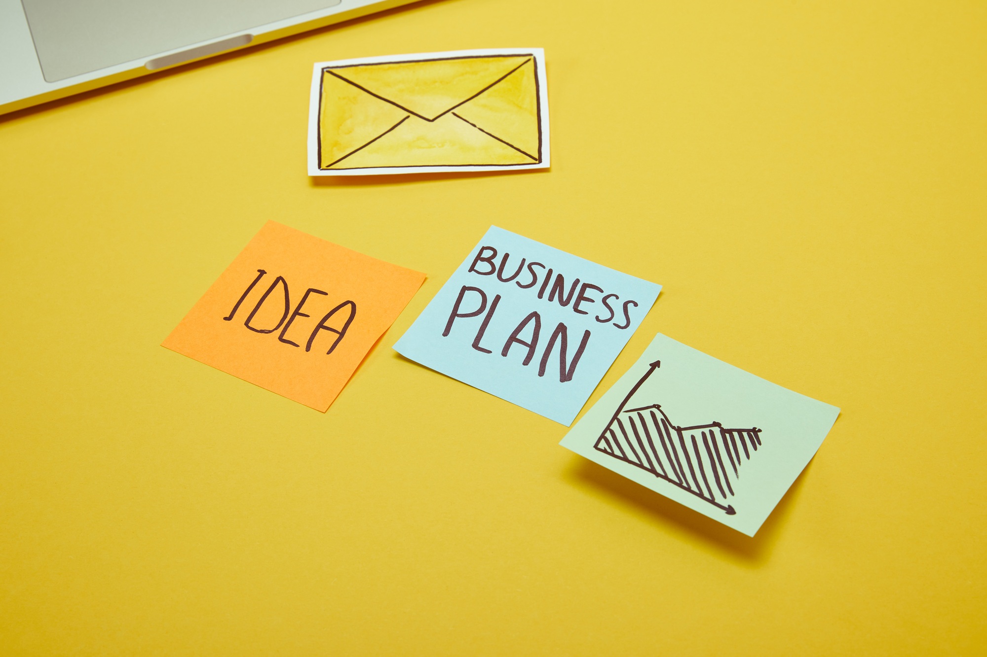 paper stickers with words, idea and business plan on yellow surface
